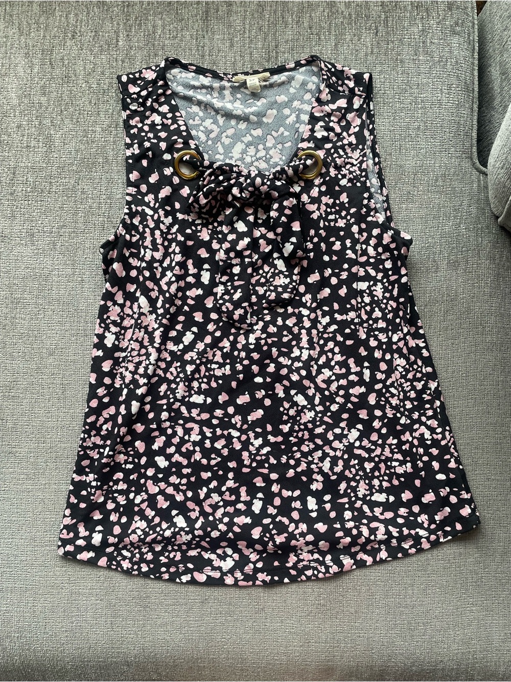 3/$20 Sleeveless Black Top with Pink and White Leopard Heart Print and Bow Neck